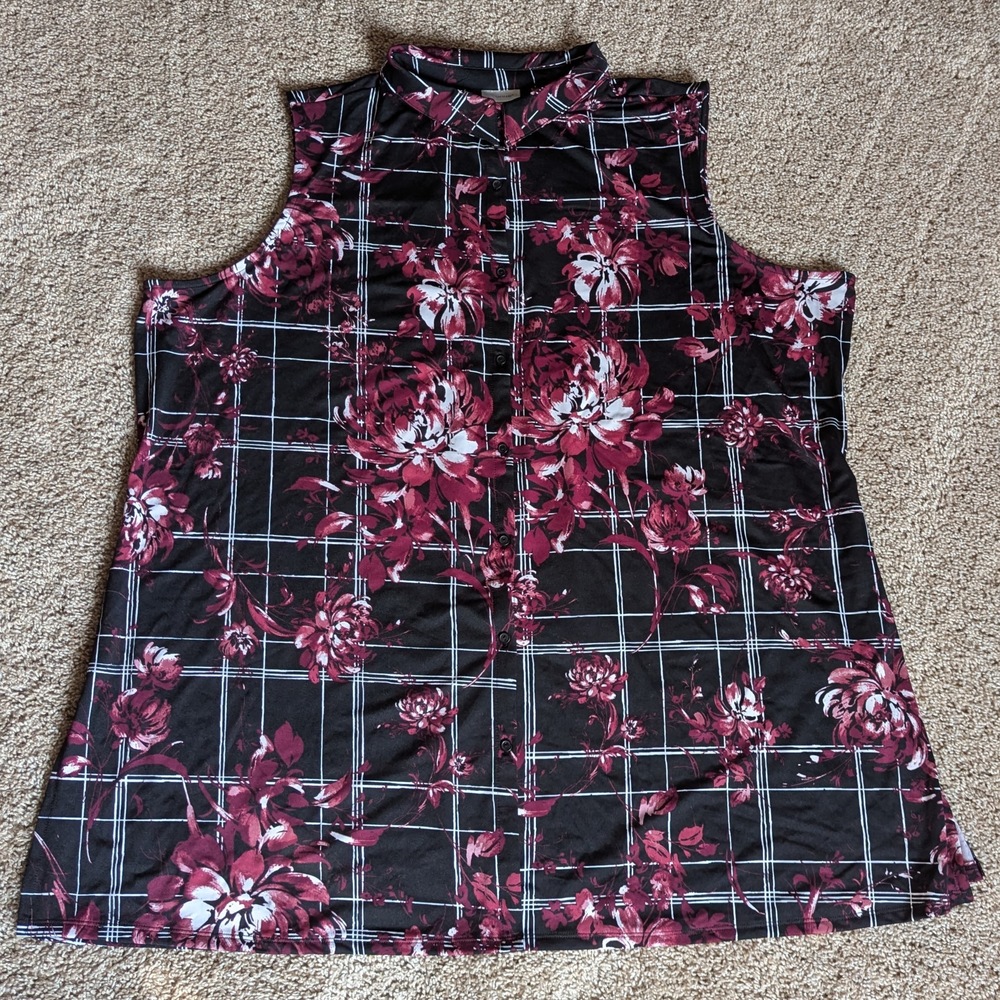 Avenue Blouse Womens Sz 26/28 Black Floral Sleeveless Button Down Collared NWT